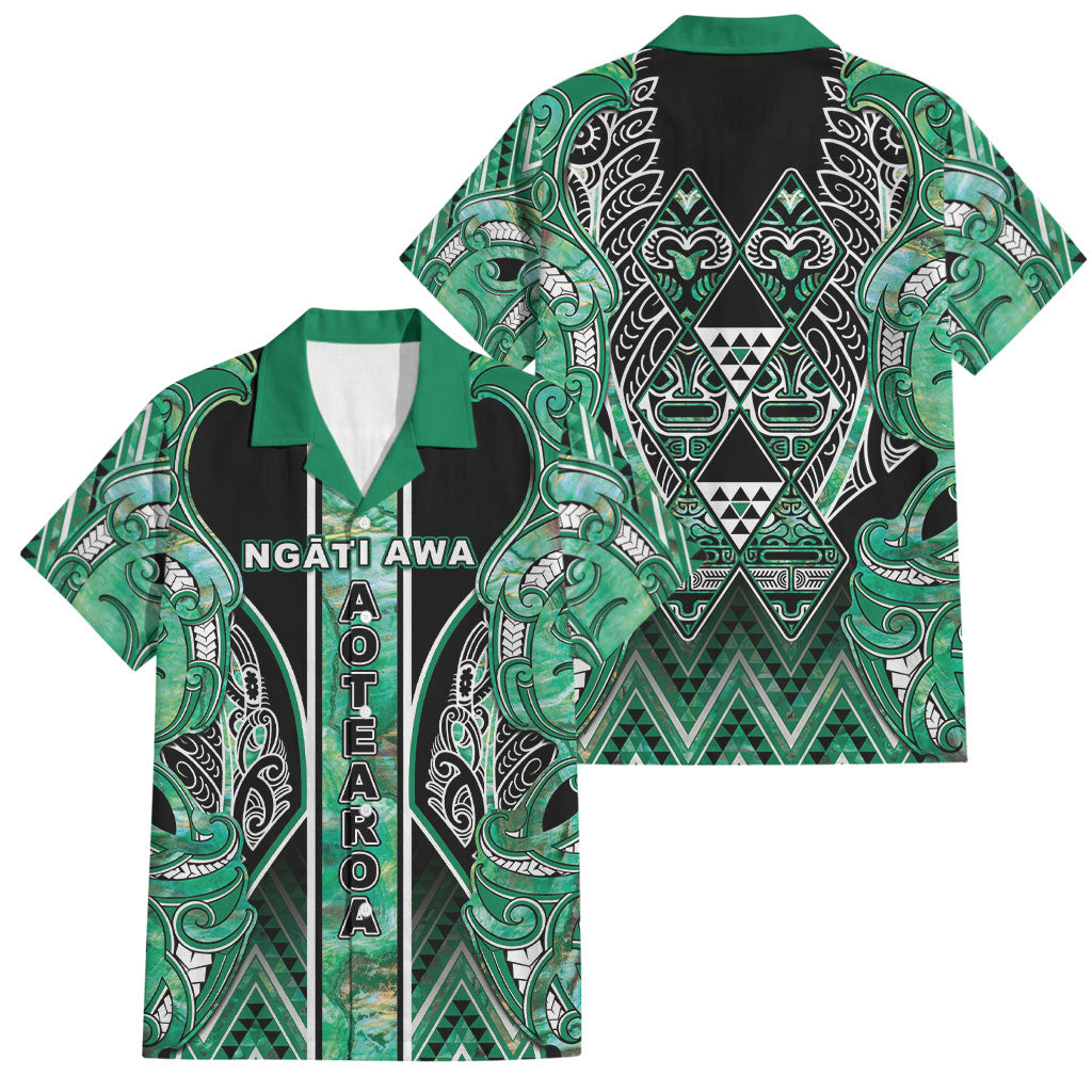 Aotearoa Ngati Awa Family Matching Off The Shoulder Long Sleeve Dress and Hawaiian Shirt Maori Tribal Green Marble Paua Shell Pattern DT05 Dad's Shirt - Short Sleeve Green - Polynesian Pride