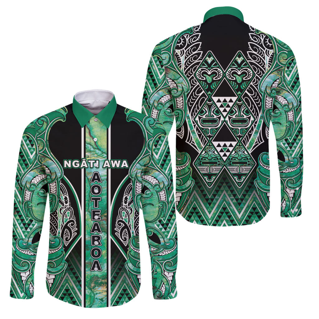 Aotearoa Ngati Awa Family Matching Off The Shoulder Long Sleeve Dress and Hawaiian Shirt Maori Tribal Green Marble Paua Shell Pattern DT05 Dad's Shirt - Long Sleeve Green - Polynesian Pride