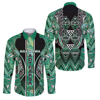 Aotearoa Ngati Awa Family Matching Off The Shoulder Long Sleeve Dress and Hawaiian Shirt Maori Tribal Green Marble Paua Shell Pattern DT05 Dad's Shirt - Long Sleeve Green - Polynesian Pride