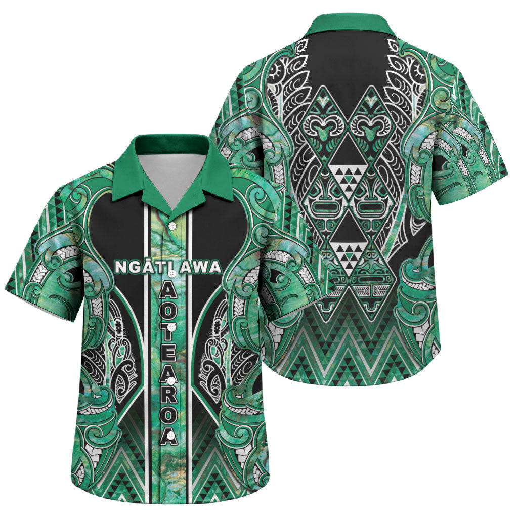 Aotearoa Ngati Awa Family Matching Off The Shoulder Long Sleeve Dress and Hawaiian Shirt Maori Tribal Green Marble Paua Shell Pattern DT05 Son's Shirt Green - Polynesian Pride