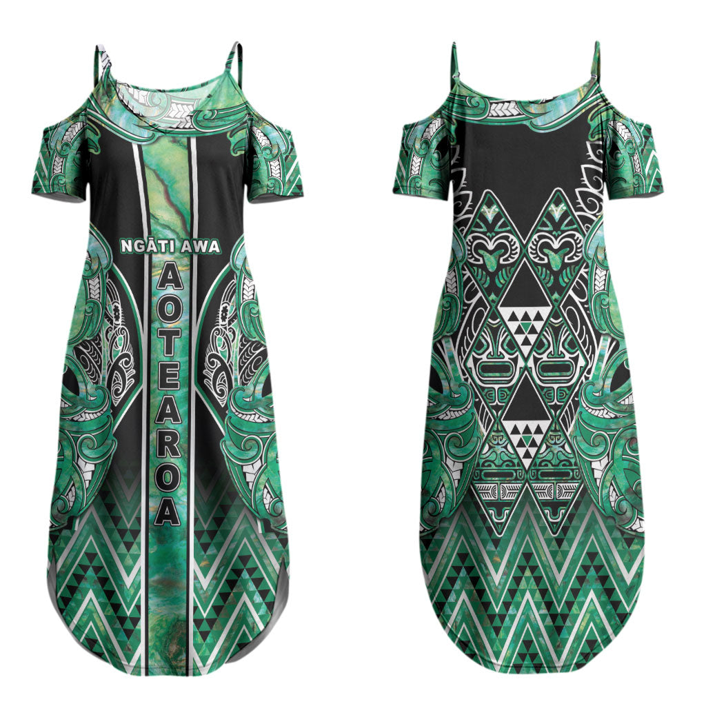 Aotearoa Ngati Awa Family Matching Summer Maxi Dress and Hawaiian Shirt Maori Tribal Green Marble Paua Shell Pattern DT05 Mom's Dress Green - Polynesian Pride