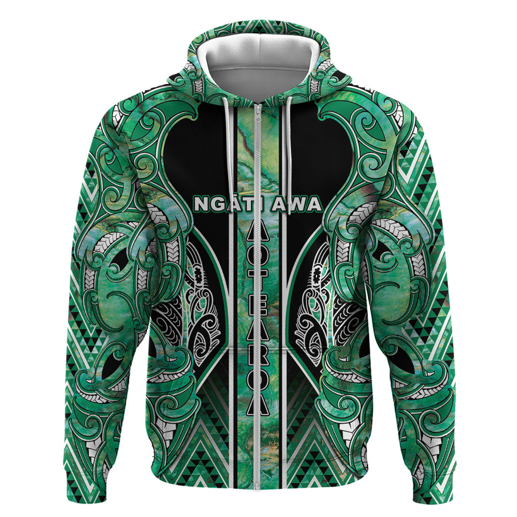 Aotearoa Ngati Awa Hoodie Maori Tribal Green Marble Paua Shell Pattern DT05 Zip Hoodie Green - Polynesian Pride