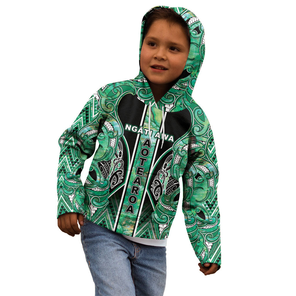 Aotearoa Ngati Awa Kid Hoodie Maori Tribal Green Marble Paua Shell Pattern DT05 - Polynesian Pride