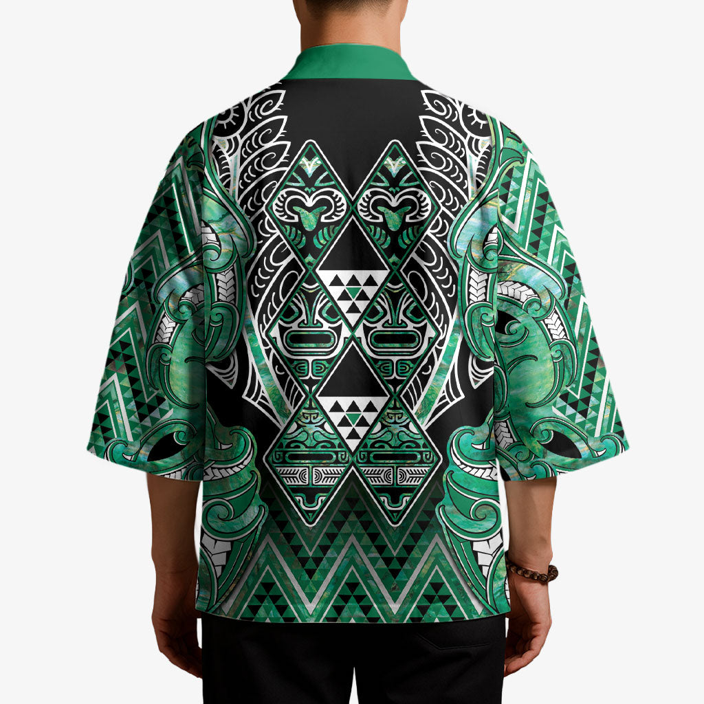 Aotearoa Ngati Awa Kimono Maori Tribal Green Marble Paua Shell Pattern DT05 - Polynesian Pride