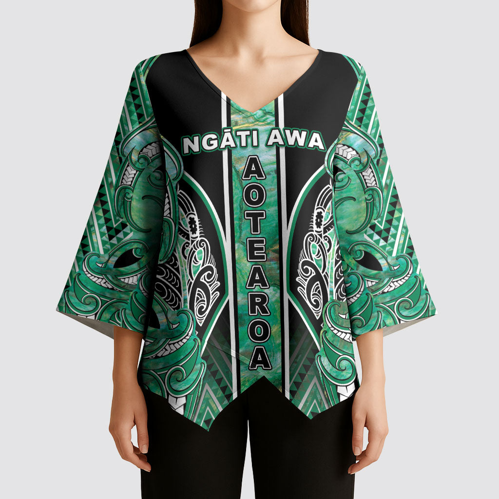 Aotearoa Ngati Awa Kimono Sleeve Blouse Maori Tribal Green Marble Paua Shell Pattern DT05 - Polynesian Pride