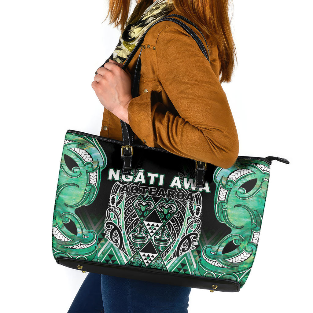 Aotearoa Ngati Awa Leather Tote Bag Maori Tribal Green Marble Paua Shell Pattern DT05 Green - Polynesian Pride