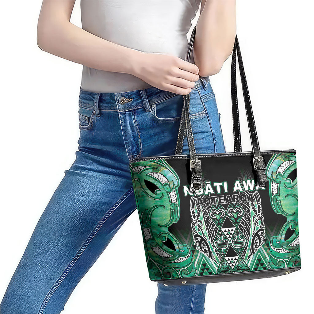 Aotearoa Ngati Awa Leather Tote Bag Maori Tribal Green Marble Paua Shell Pattern DT05 - Polynesian Pride