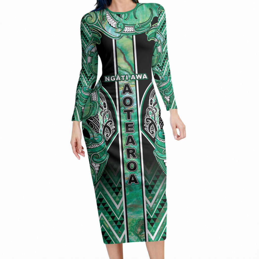 Aotearoa Ngati Awa Long Sleeve Bodycon Dress Maori Tribal Green Marble Paua Shell Pattern DT05 Long Dress Green - Polynesian Pride