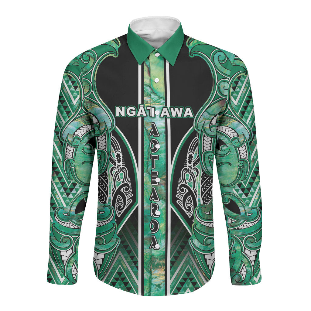 Aotearoa Ngati Awa Long Sleeve Button Shirt Maori Tribal Green Marble Paua Shell Pattern DT05 Unisex Green - Polynesian Pride