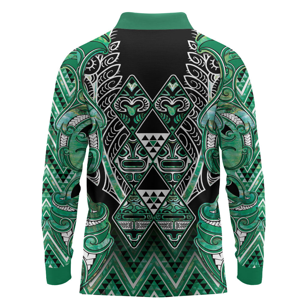 Aotearoa Ngati Awa Long Sleeve Polo Shirt Maori Tribal Green Marble Paua Shell Pattern DT05 - Polynesian Pride