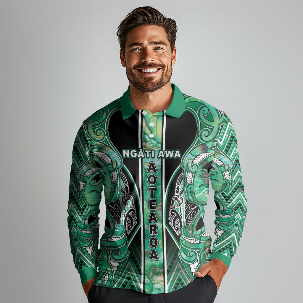 Aotearoa Ngati Awa Long Sleeve Polo Shirt Maori Tribal Green Marble Paua Shell Pattern DT05 - Polynesian Pride