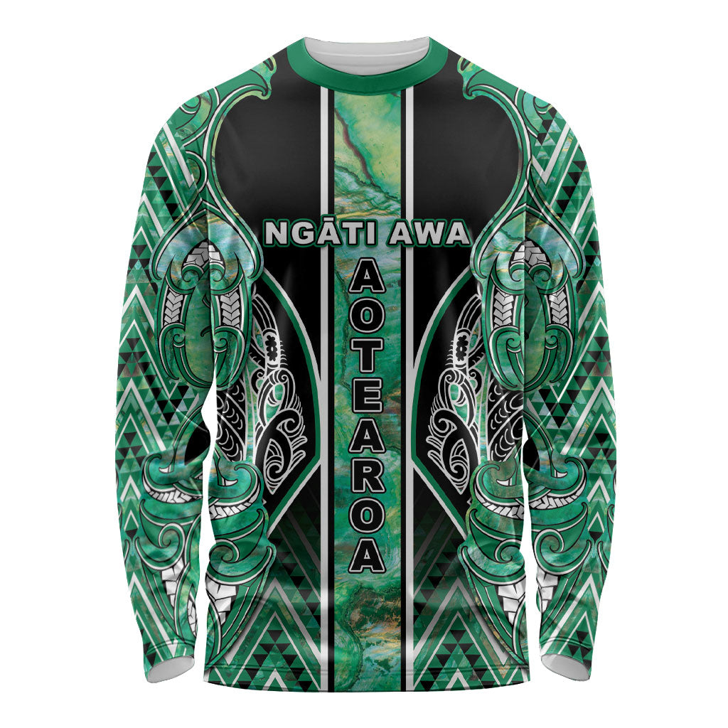 Aotearoa Ngati Awa Long Sleeve Shirt Maori Tribal Green Marble Paua Shell Pattern DT05 Unisex Green - Polynesian Pride