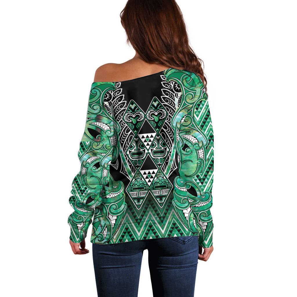 Aotearoa Ngati Awa Off Shoulder Sweater Maori Tribal Green Marble Paua Shell Pattern DT05 - Polynesian Pride