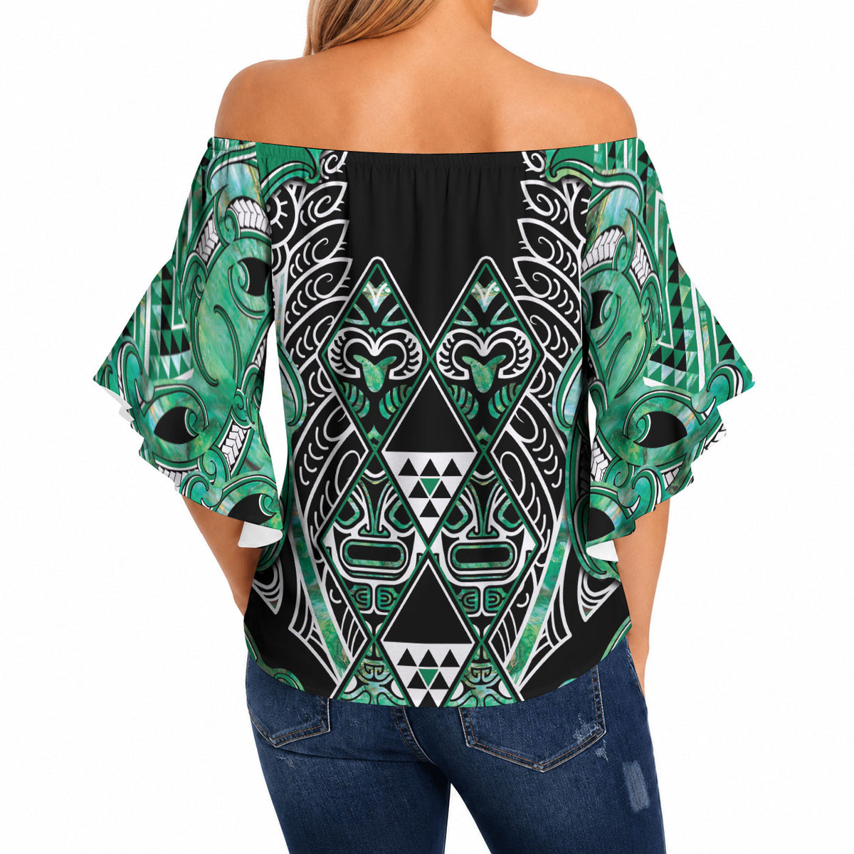 Aotearoa Ngati Awa Off Shoulder Wrap Waist Top Maori Tribal Green Marble Paua Shell Pattern DT05 - Polynesian Pride