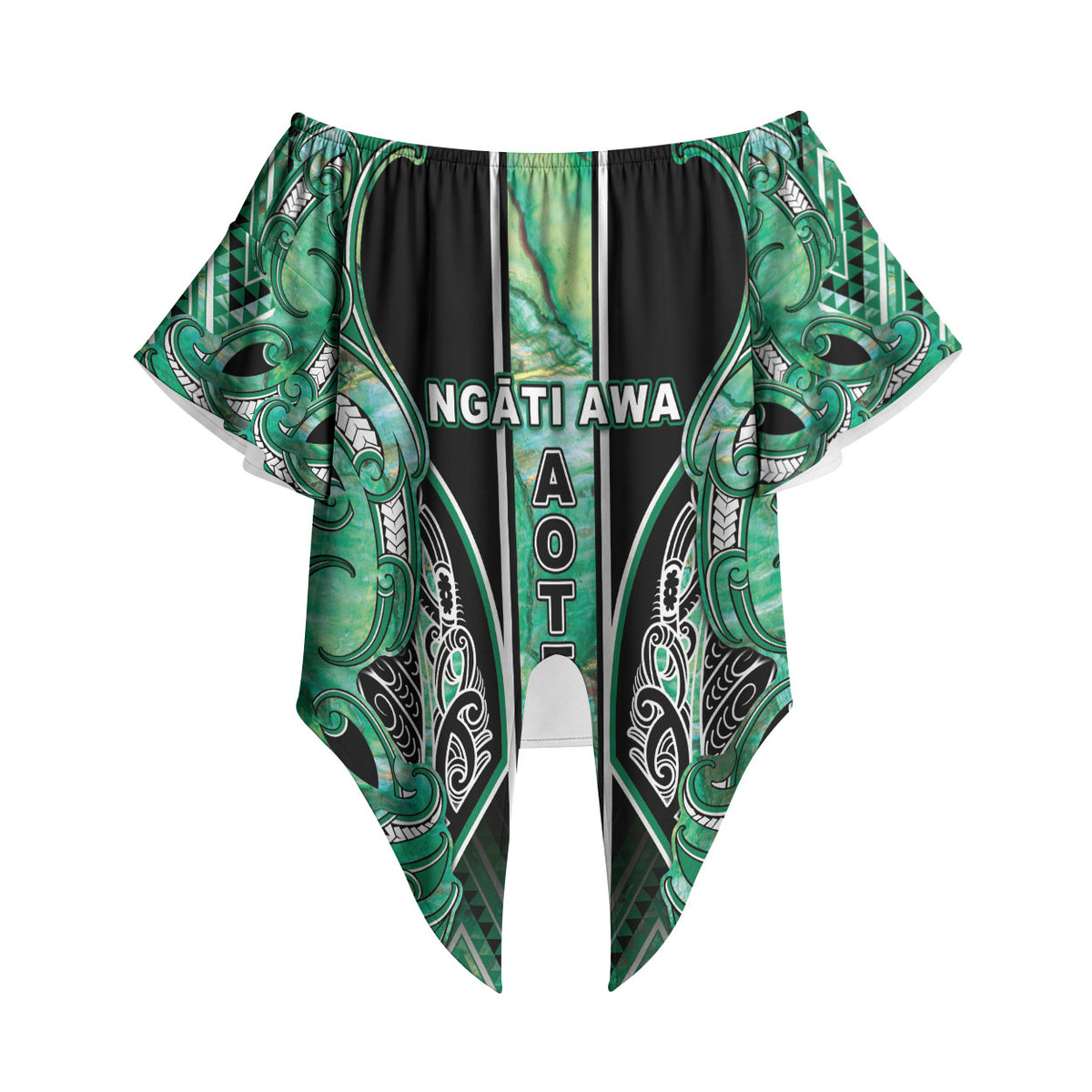 Aotearoa Ngati Awa Off Shoulder Wrap Waist Top Maori Tribal Green Marble Paua Shell Pattern DT05 - Polynesian Pride