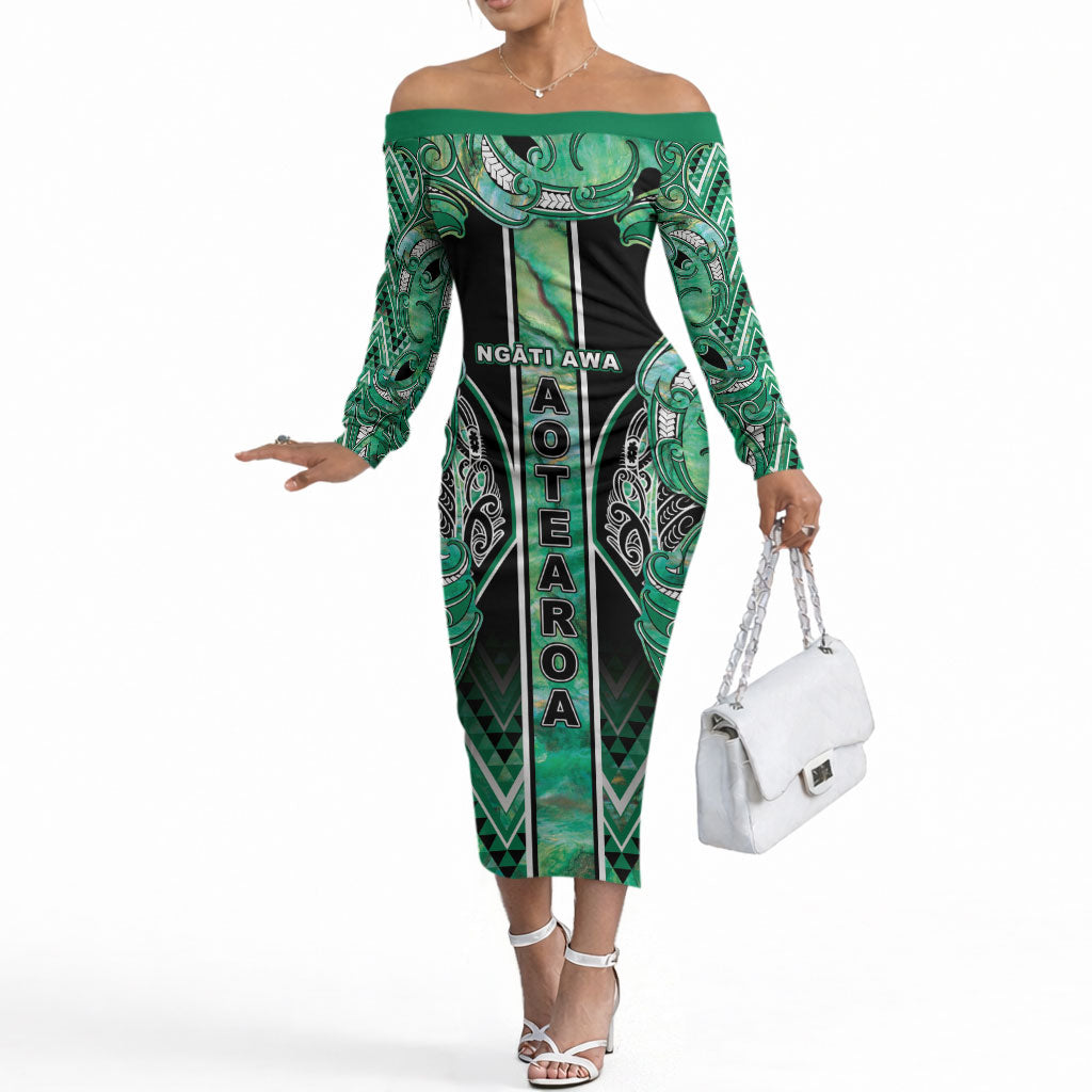 Aotearoa Ngati Awa Off The Shoulder Long Sleeve Dress Maori Tribal Green Marble Paua Shell Pattern DT05 Women Green - Polynesian Pride