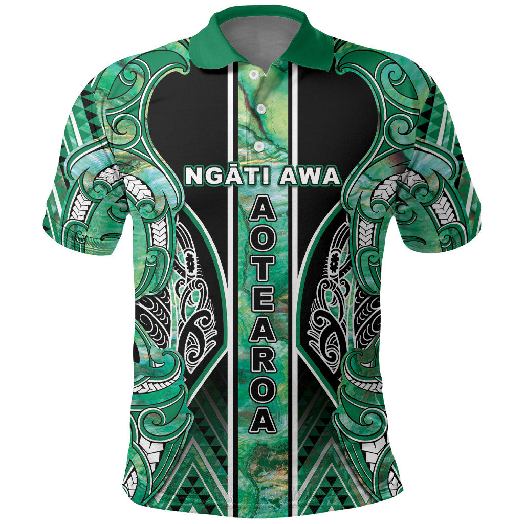 Aotearoa Ngati Awa Polo Shirt Maori Tribal Green Marble Paua Shell Pattern DT05 Green - Polynesian Pride
