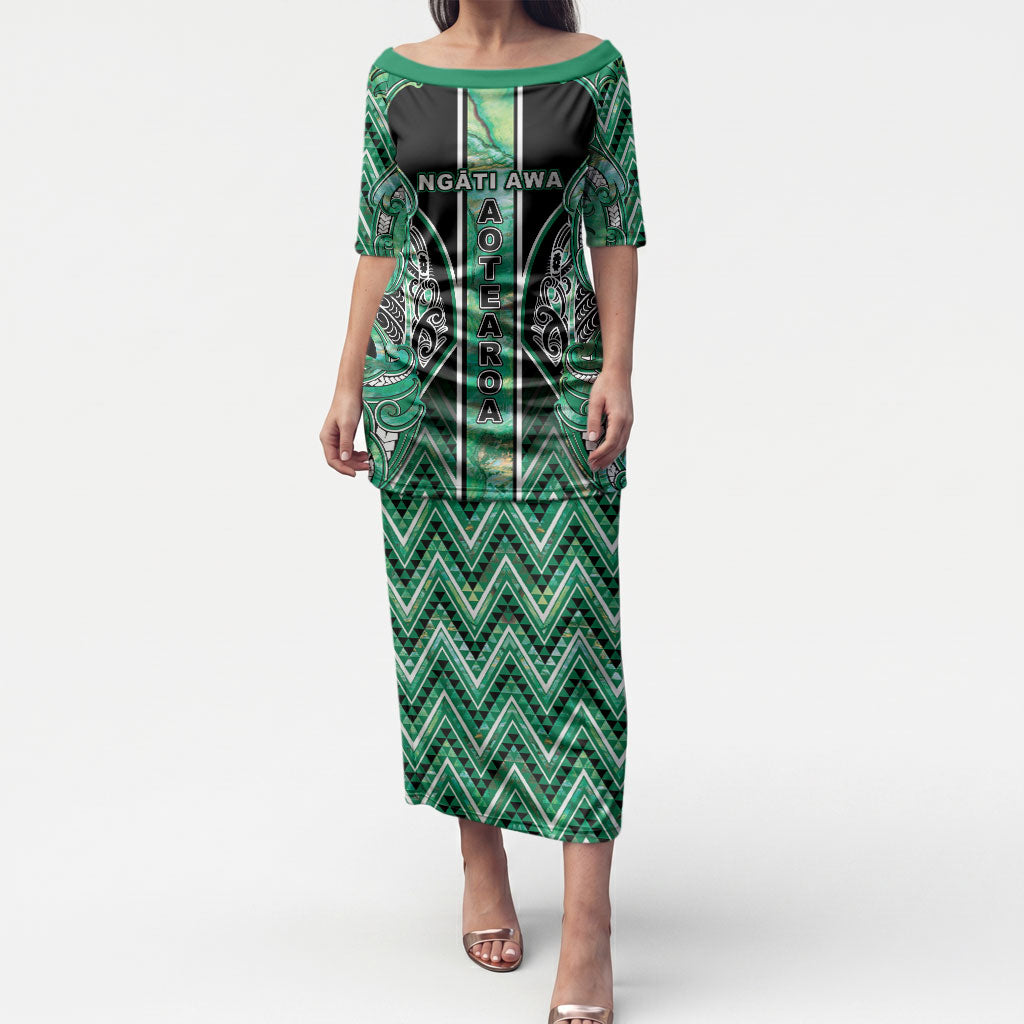 Aotearoa Ngati Awa Puletasi Maori Tribal Green Marble Paua Shell Pattern DT05 Long Dress Green - Polynesian Pride