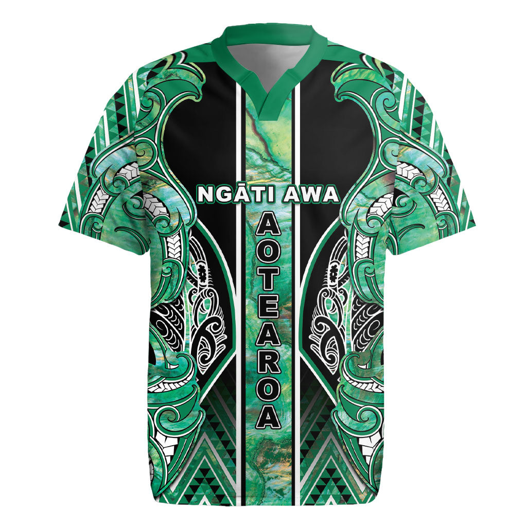 Aotearoa Ngati Awa Rugby Jersey Maori Tribal Green Marble Paua Shell Pattern DT05 Green - Polynesian Pride
