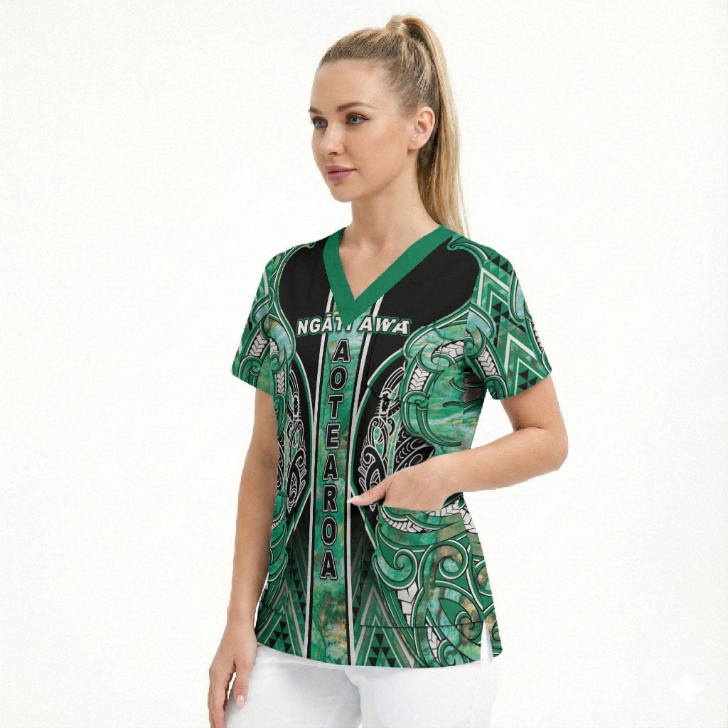 Aotearoa Ngati Awa Scrub Top Maori Tribal Green Marble Paua Shell Pattern DT05 - Polynesian Pride