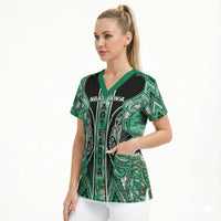Aotearoa Ngati Awa Scrub Top Maori Tribal Green Marble Paua Shell Pattern DT05 - Polynesian Pride