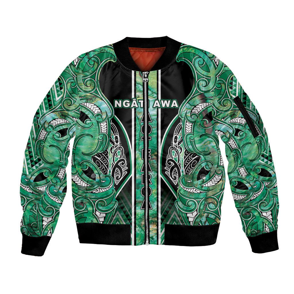 Aotearoa Ngati Awa Sleeve Zip Bomber Jacket Maori Tribal Green Marble Paua Shell Pattern DT05 Unisex Green - Polynesian Pride