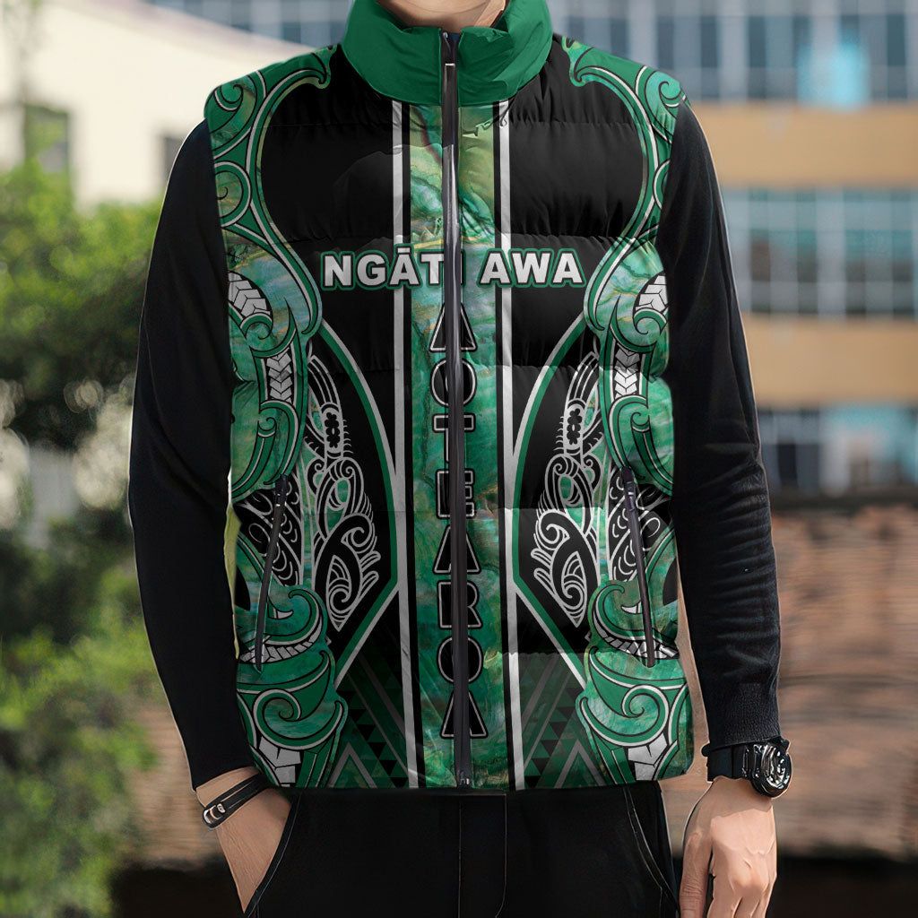 Aotearoa Ngati Awa Sleeveless Puffer Jacket Maori Tribal Green Marble Paua Shell Pattern DT05 - Polynesian Pride