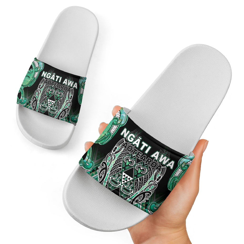 Aotearoa Ngati Awa Slide Sandals Maori Tribal Green Marble Paua Shell Pattern DT05 - Polynesian Pride