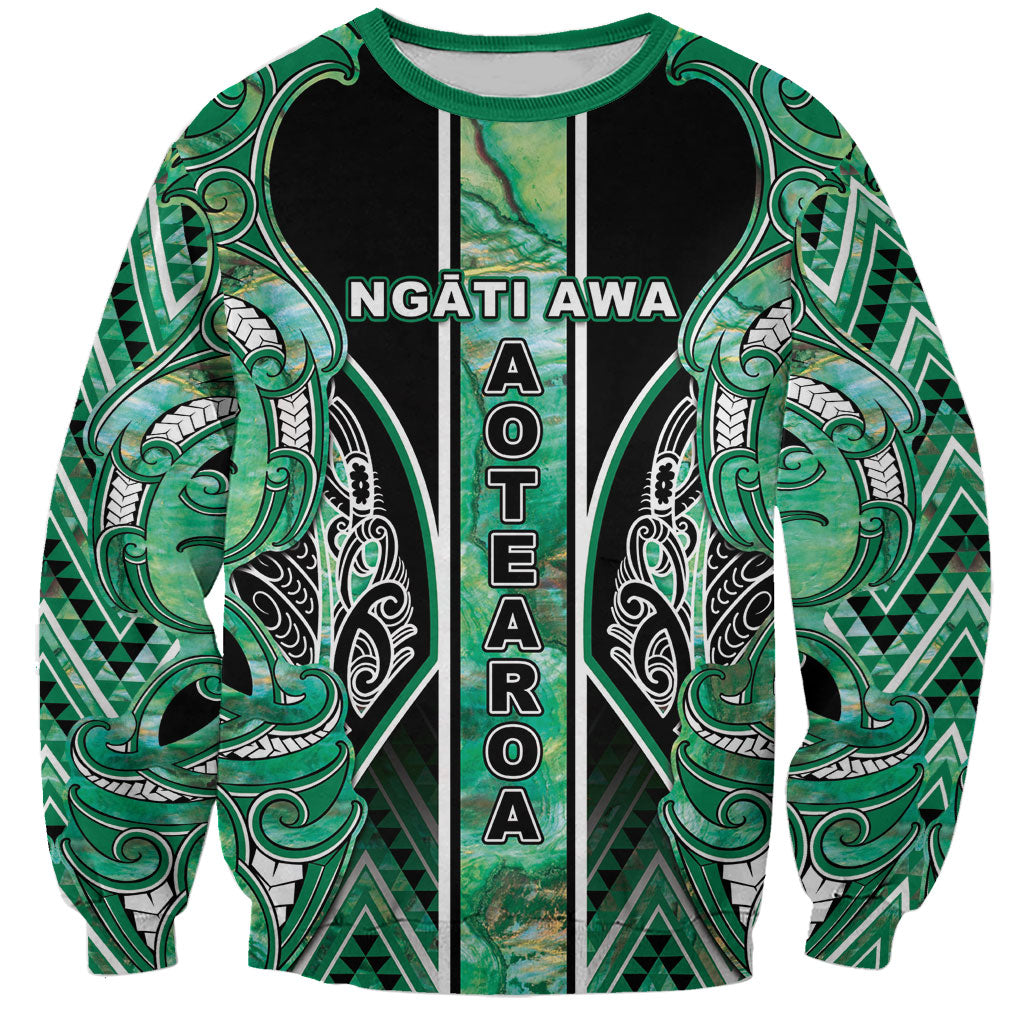 Aotearoa Ngati Awa Sweatshirt Maori Tribal Green Marble Paua Shell Pattern