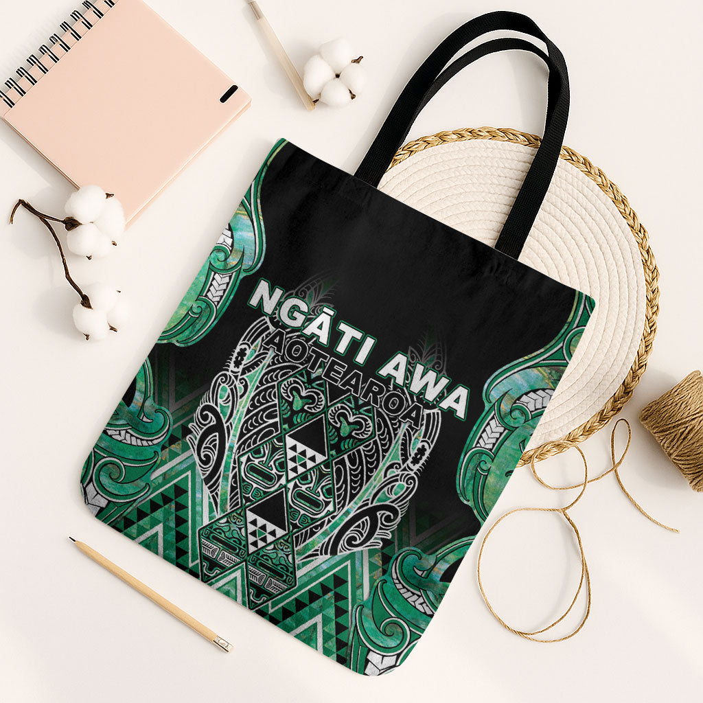 Aotearoa Ngati Awa Tote Bag Maori Tribal Green Marble Paua Shell Pattern DT05 Black Strap One Size Green - Polynesian Pride