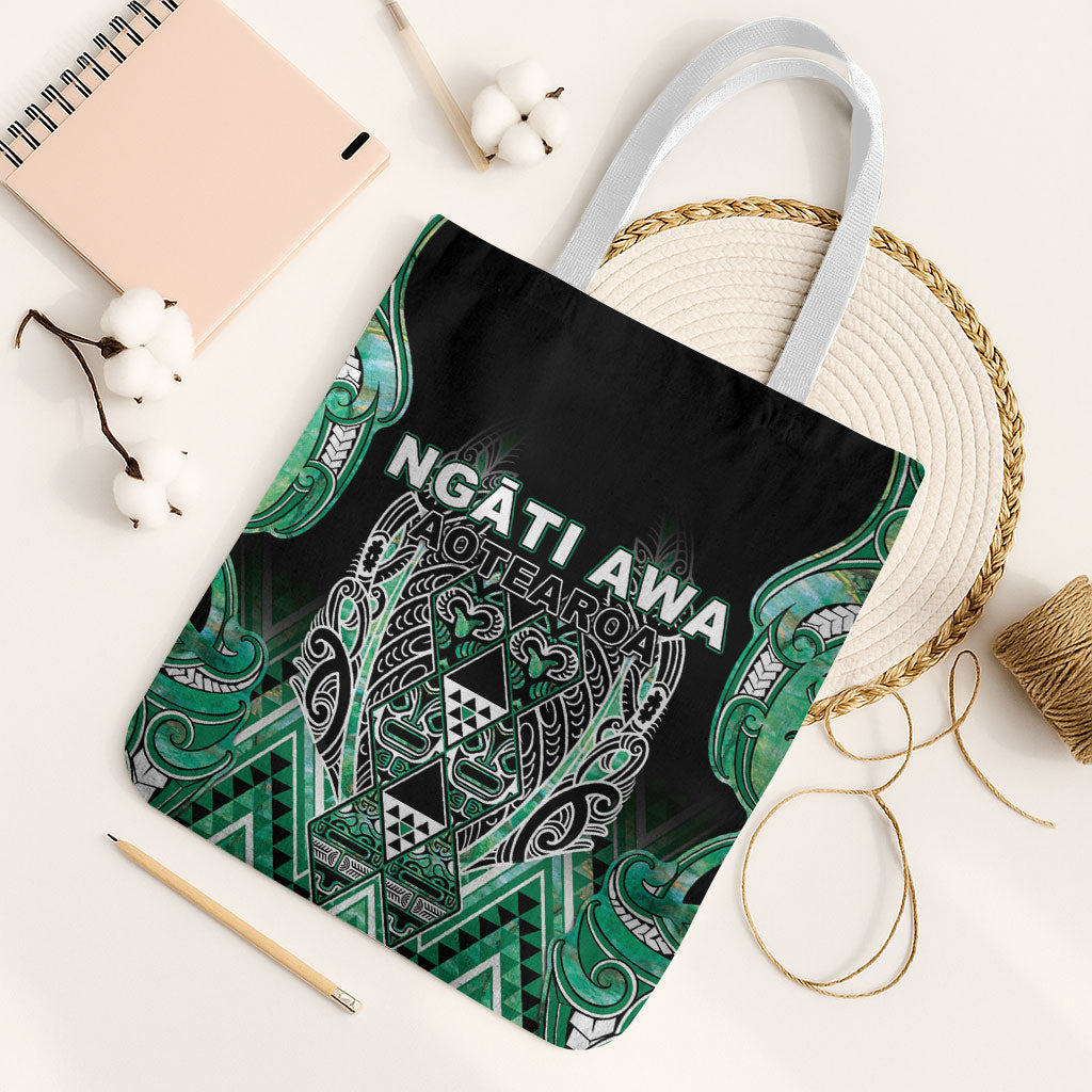 Aotearoa Ngati Awa Tote Bag Maori Tribal Green Marble Paua Shell Pattern DT05 White Strap One Size Green - Polynesian Pride