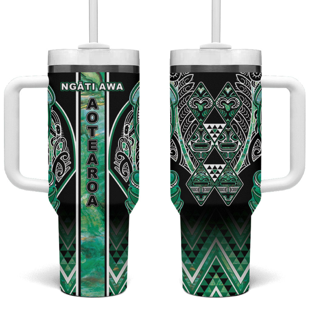 Aotearoa Ngati Awa Tumbler With Handle Maori Tribal Green Marble Paua Shell Pattern DT05 One Size: 40 oz Green - Polynesian Pride