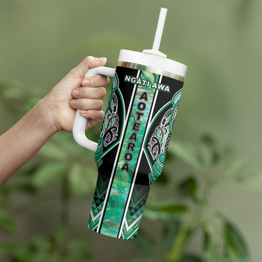 Aotearoa Ngati Awa Tumbler With Handle Maori Tribal Green Marble Paua Shell Pattern DT05 - Polynesian Pride