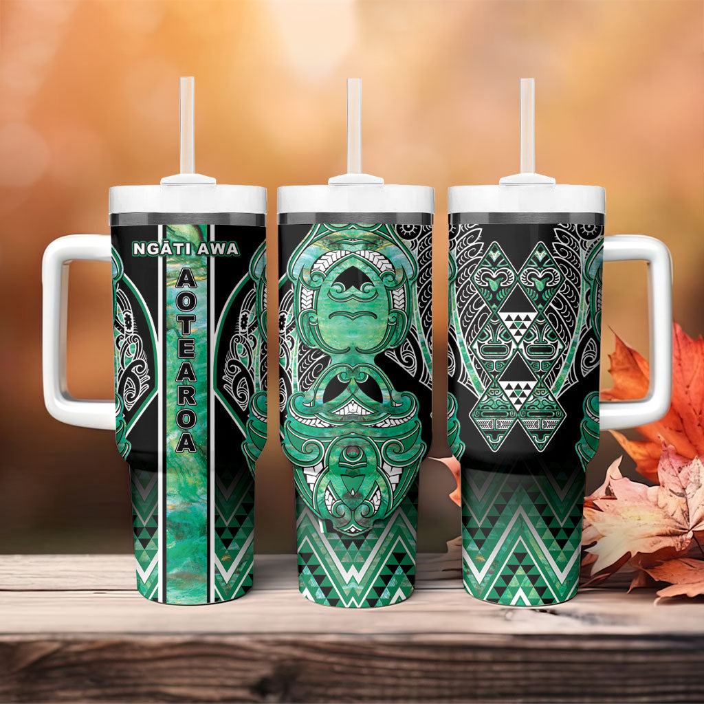 Aotearoa Ngati Awa Tumbler With Handle Maori Tribal Green Marble Paua Shell Pattern DT05 - Polynesian Pride