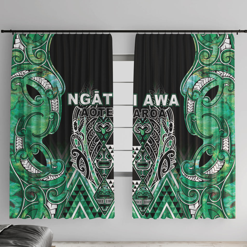 Aotearoa Ngati Awa Window Curtain Maori Tribal Green Marble Paua Shell Pattern DT05 With Hooks Green - Polynesian Pride