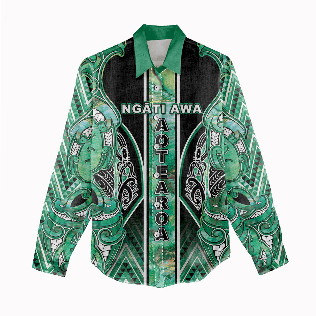 Aotearoa Ngati Awa Women Casual Shirt Maori Tribal Green Marble Paua Shell Pattern DT05 - Polynesian Pride