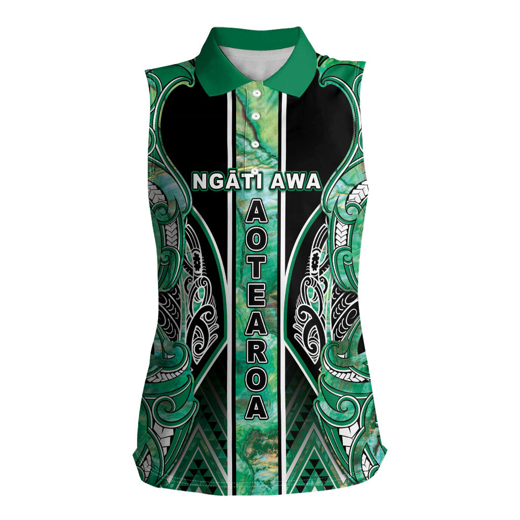 Aotearoa Ngati Awa Women Sleeveless Polo Shirt Maori Tribal Green Marble Paua Shell Pattern DT05 Female Green - Polynesian Pride