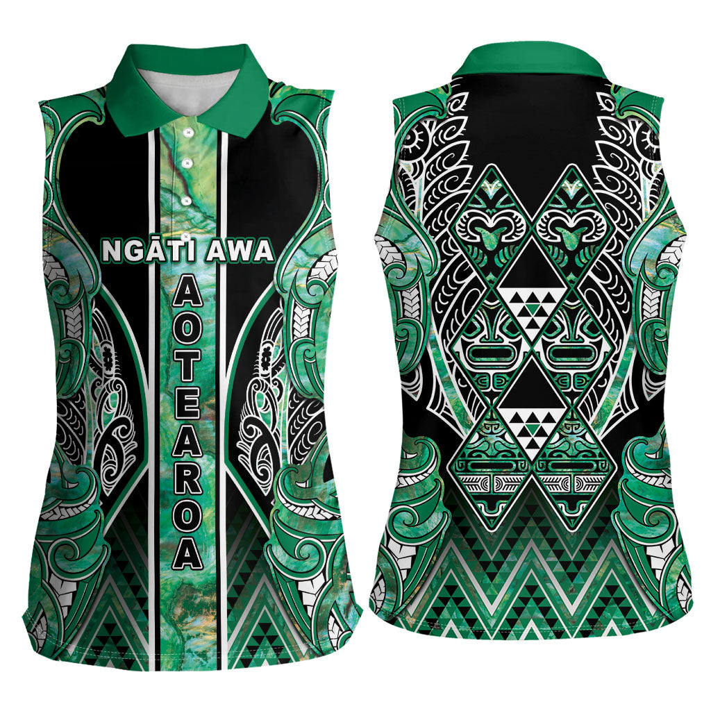 Aotearoa Ngati Awa Women Sleeveless Polo Shirt Maori Tribal Green Marble Paua Shell Pattern DT05 - Polynesian Pride