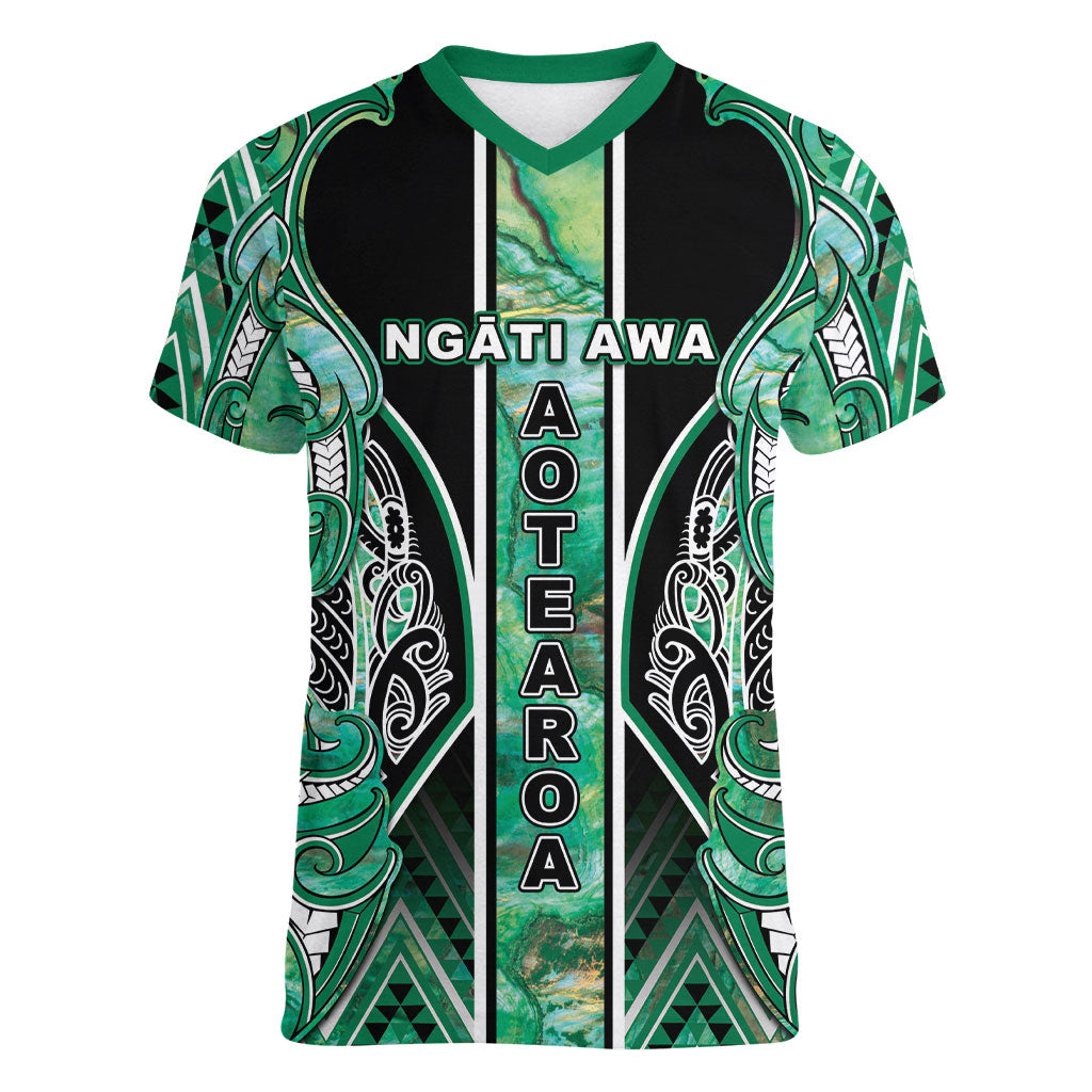 Aotearoa Ngati Awa Women V-Neck T-Shirt Maori Tribal Green Marble Paua Shell Pattern DT05 Female Green - Polynesian Pride