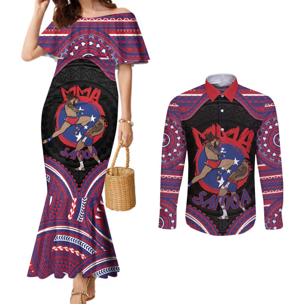 Personalised Samoa Mixed Martial Arts Couples Matching Mermaid Dress and Long Sleeve Button Shirt Flying Knee Of Samoan DT05 Black - Polynesian Pride