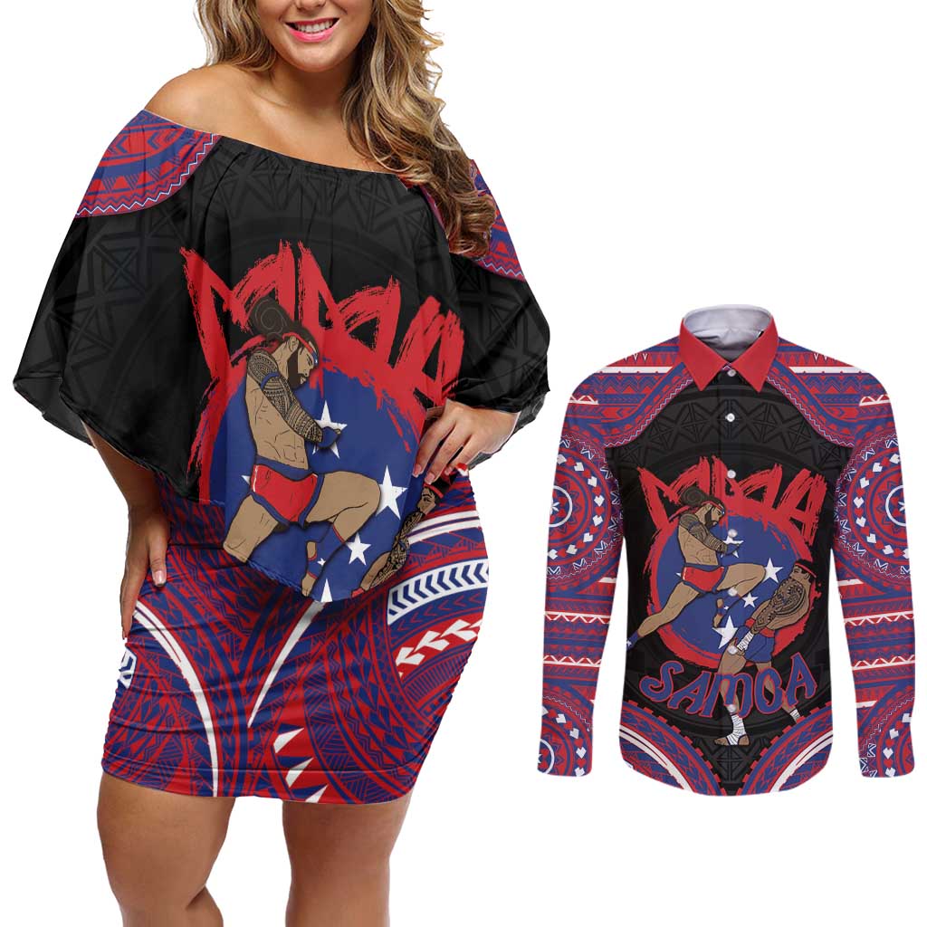Personalised Samoa Mixed Martial Arts Couples Matching Off Shoulder Short Dress and Long Sleeve Button Shirt Flying Knee Of Samoan DT05 Black - Polynesian Pride