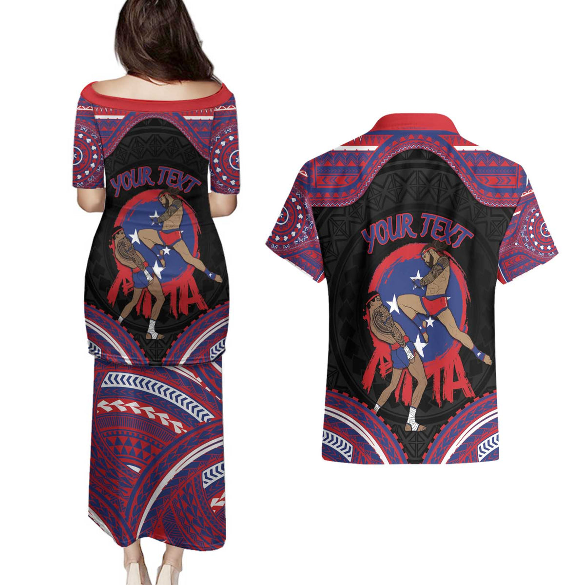 Personalised Samoa Mixed Martial Arts Couples Matching Puletasi and Hawaiian Shirt Flying Knee Of Samoan DT05 - Polynesian Pride