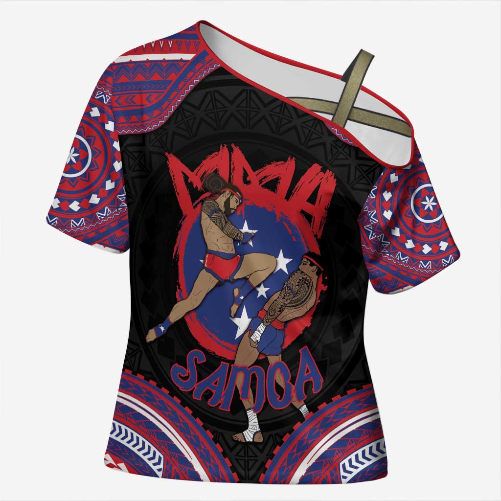 Personalised Samoa Mixed Martial Arts Cross Shoulder Shirt Flying Knee Of Samoan DT05 Female Black - Polynesian Pride