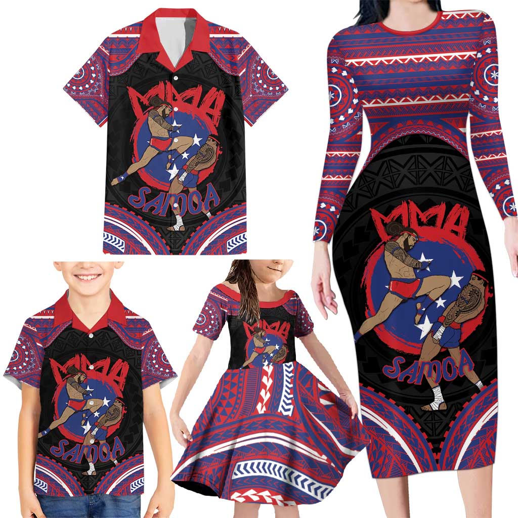 Personalised Samoa Mixed Martial Arts Family Matching Long Sleeve Bodycon Dress and Hawaiian Shirt Flying Knee Of Samoan - Polynesian Pride