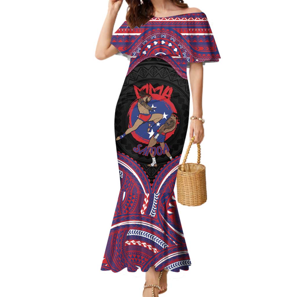 Personalised Samoa Mixed Martial Arts Family Matching Mermaid Dress and Hawaiian Shirt Flying Knee Of Samoan - Polynesian Pride