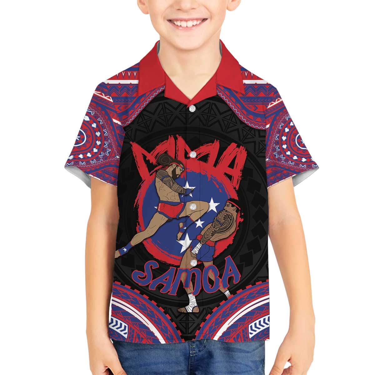 Personalised Samoa Mixed Martial Arts Family Matching Off The Shoulder Long Sleeve Dress and Hawaiian Shirt Flying Knee Of Samoan - Polynesian Pride