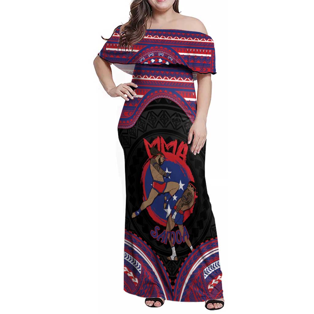 Personalised Samoa Mixed Martial Arts Family Matching Off Shoulder Maxi Dress and Hawaiian Shirt Flying Knee Of Samoan - Polynesian Pride