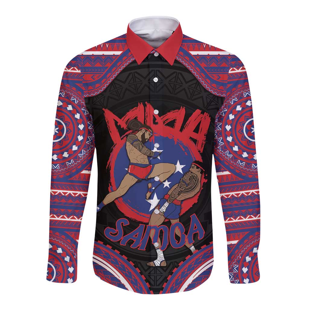 Personalised Samoa Mixed Martial Arts Long Sleeve Button Shirt Flying Knee Of Samoan DT05 Unisex Black - Polynesian Pride