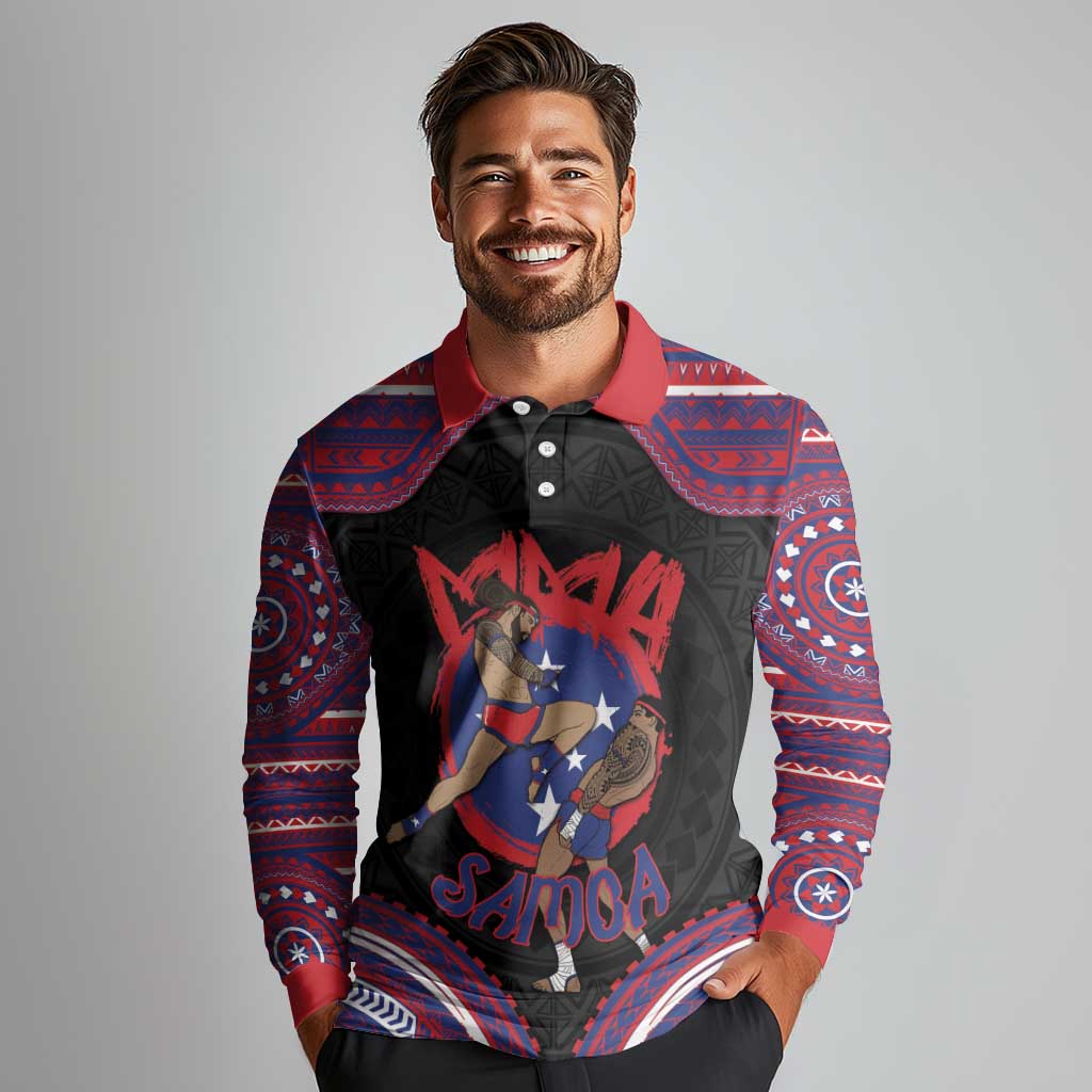 Personalised Samoa Mixed Martial Arts Long Sleeve Polo Shirt Flying Knee Of Samoan DT05 - Polynesian Pride