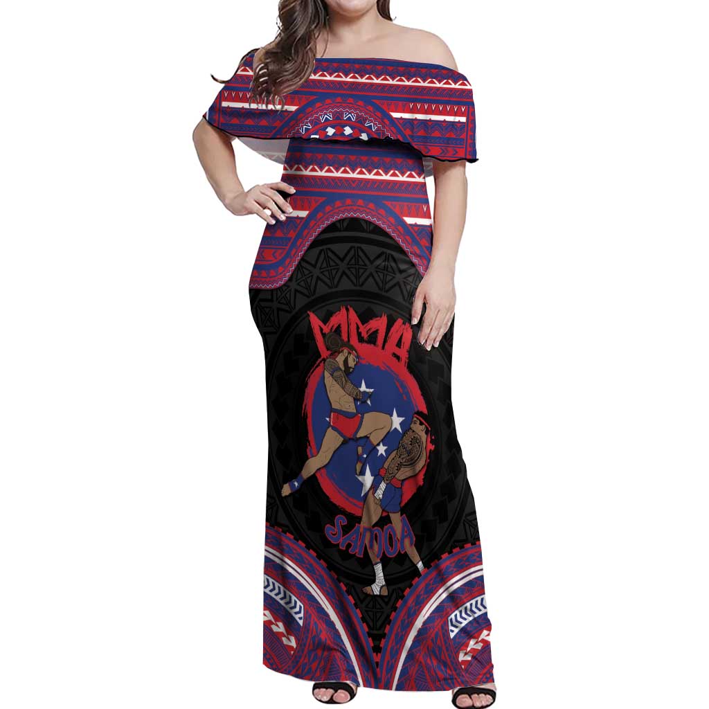 Personalised Samoa Mixed Martial Arts Off Shoulder Maxi Dress Flying Knee Of Samoan - Polynesian Pride
